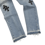 Chrome Hearts Leather Cross Patch Denim Jeans Light Blue Wash W26
