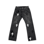 Chrome Hearts Black White Leather Cross Patch Fleur Knee Denim Jeans Grey