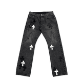 Chrome Hearts Black White Leather Cross Patch Fleur Knee Denim Jeans Grey
