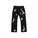 Chrome Hearts Green & Leopard Cross Patch Jeans Black