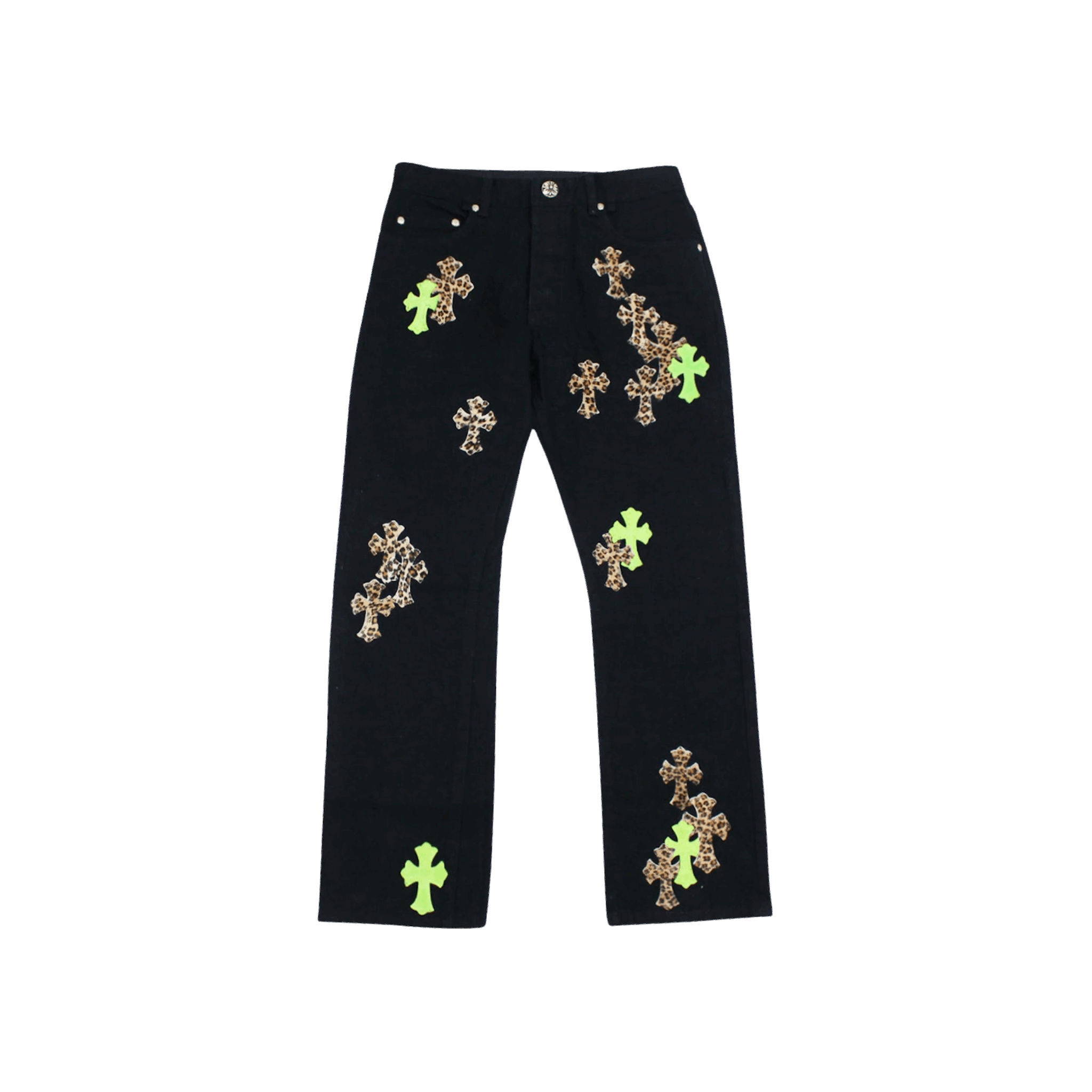 Chrome Hearts Green & Leopard Cross Patch Jeans Black