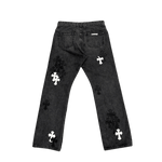 Chrome Hearts Black White Leather Cross Patch Fleur Knee Denim Jeans Grey