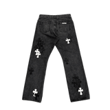 Chrome Hearts Black White Leather Cross Patch Fleur Knee Denim Jeans Grey