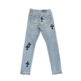 Chrome Hearts Leather Cross Patch Denim Jeans Light Blue Wash W26