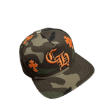 Chrome Hearts CH Logo Leather Cross Patch Snapback Cap Camo Orange